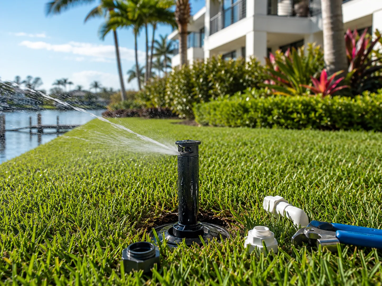 Close-up sprinkler repair scene with irrigation equipment in a clean South Florida residential lawn.