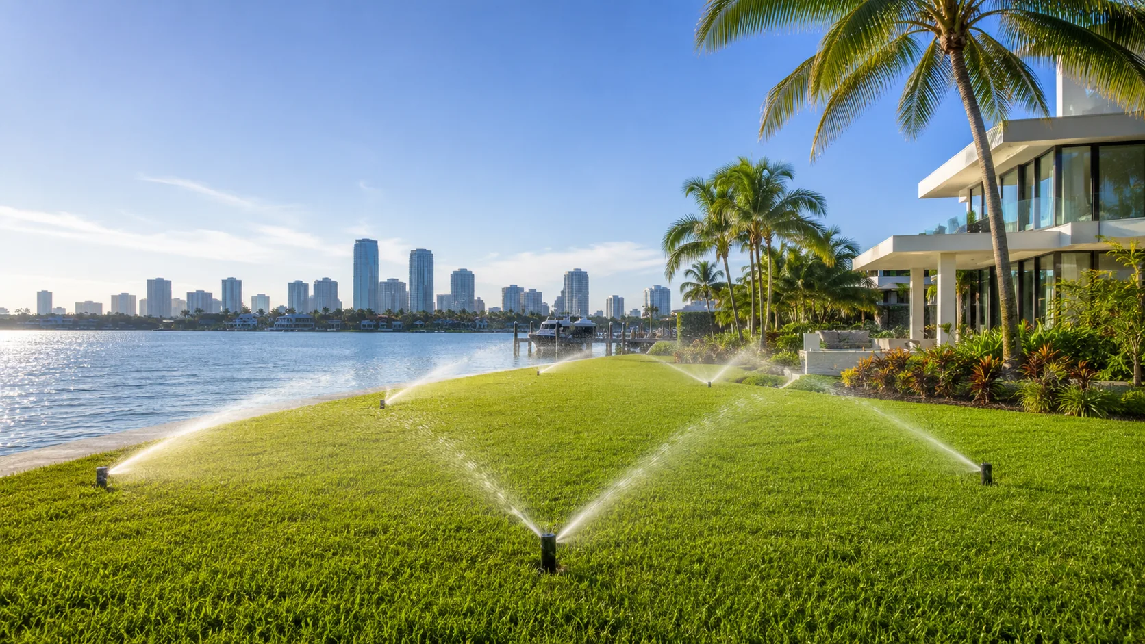 South Florida lawn sprinklers watering lush grass with palm trees, waterfront, and a modern skyline in the distance.